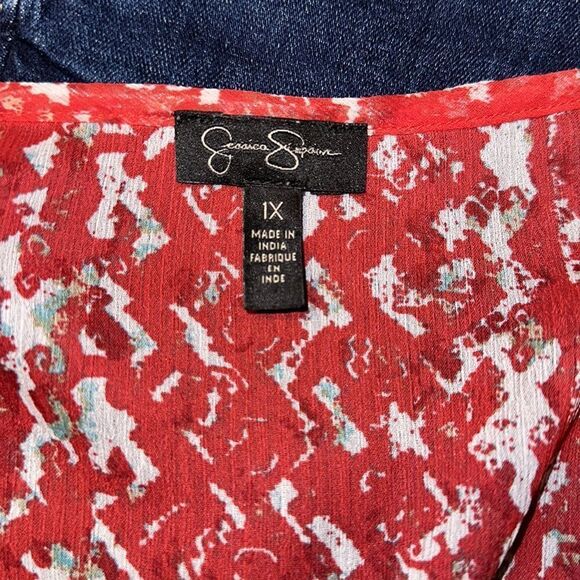 Jessica Simpson 1X Red White Teal Watercolor Spotted Embroidered Blouse - Picture 11 of 13